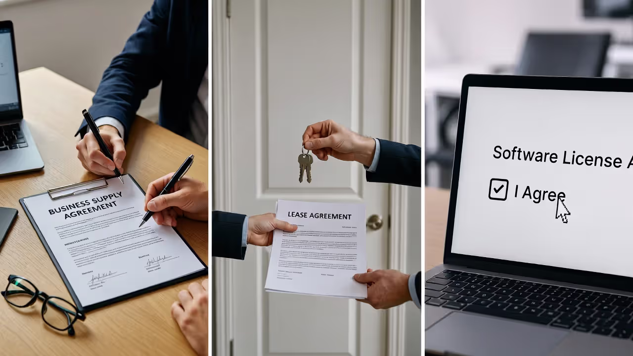 Examples of contracts in business, renting, and software licensing.