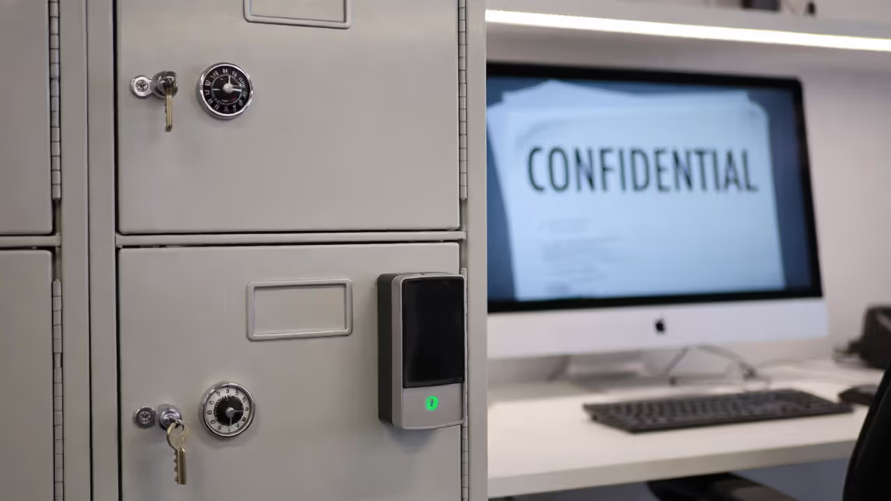 Secure office scene showing physical and digital controls used to protect trade secrets.