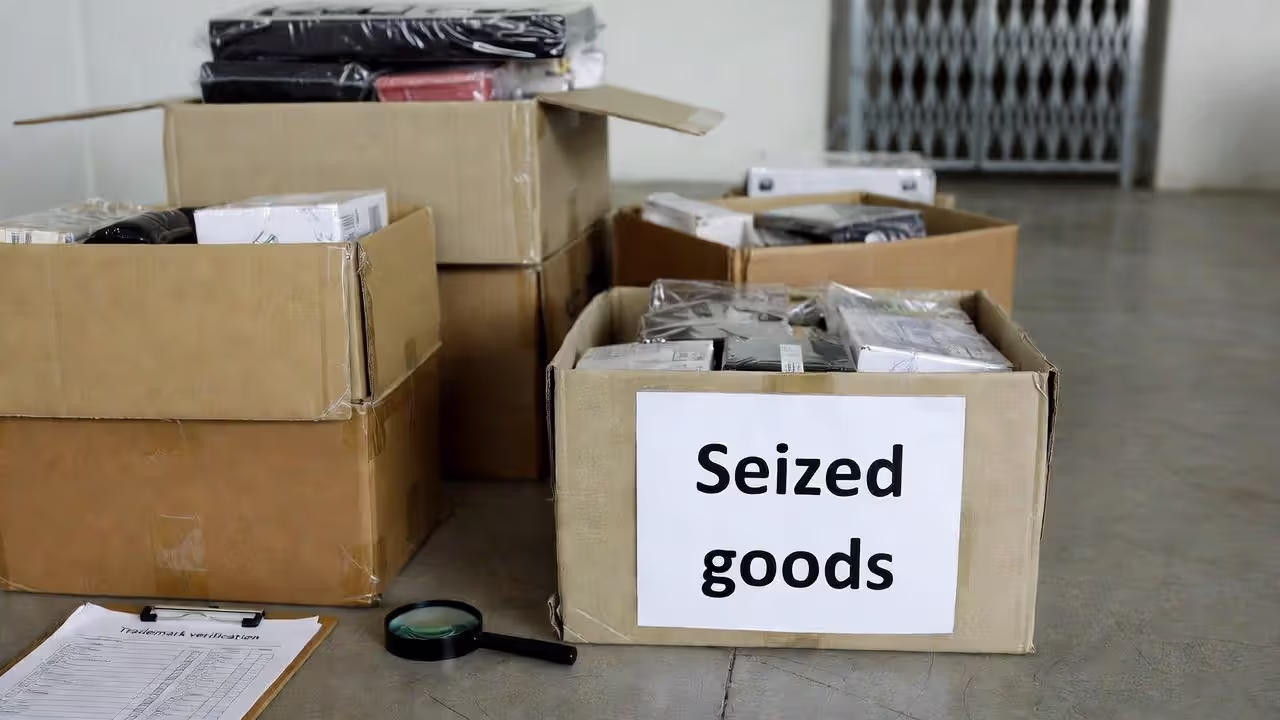 Customs-style inspection scene showing seized counterfeit goods and trademark verification.