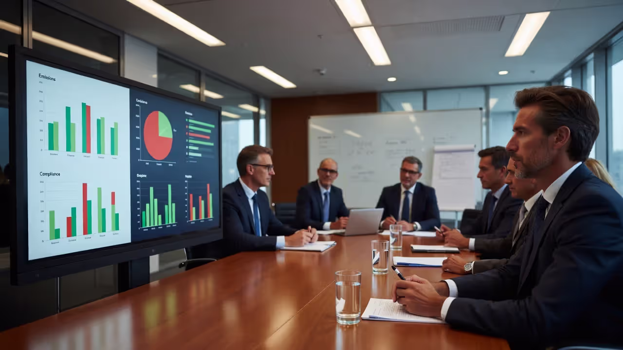 Professional 16:9 image of corporate boardroom meeting with executives reviewing ESG reports on screen; charts showing emissions and compliance metrics; serious tone; modern office setting; realistic style; no text.