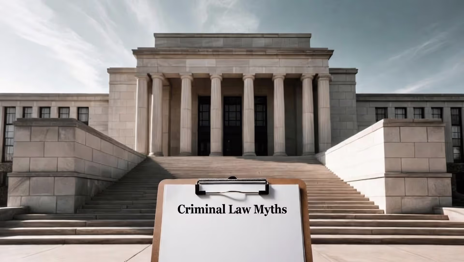 Courthouse steps with a clipboard titled “Criminal Law Myths” in the foreground.