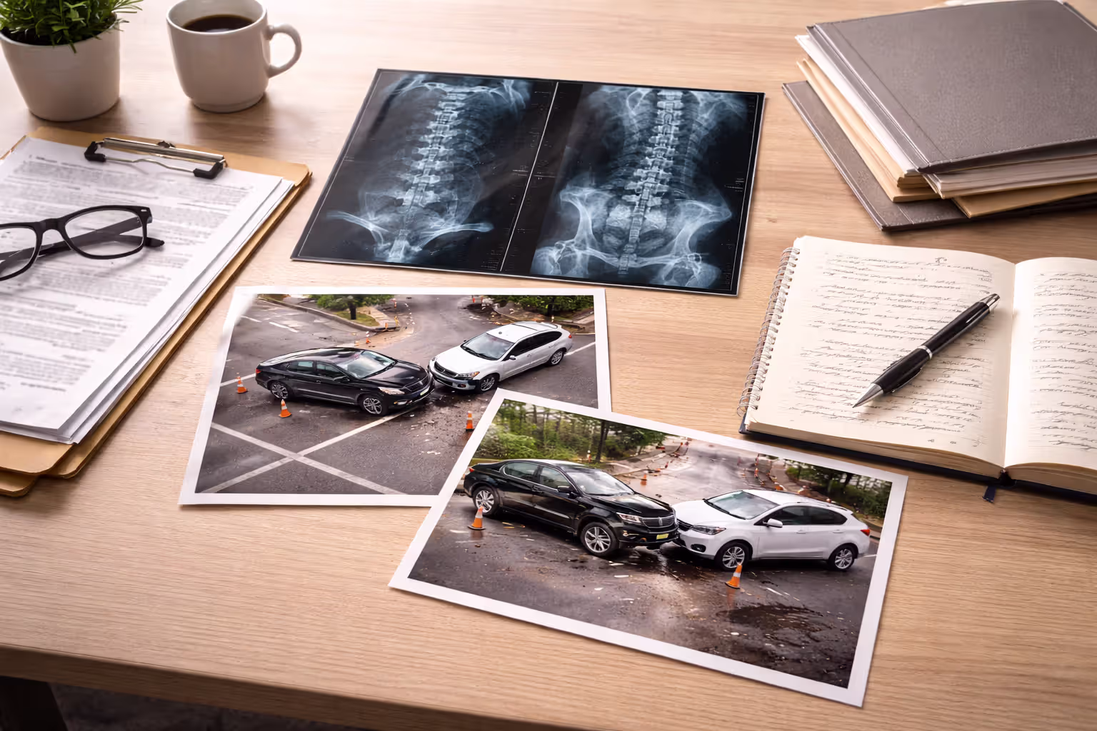Evidence documents including medical images and accident photos arranged on office desk