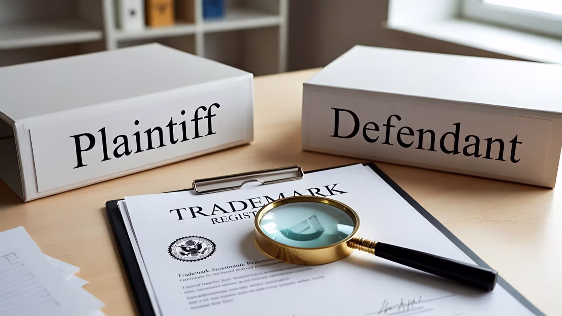 Trademark-themed desk scene with a registration document, magnifying glass, and “Plaintiff/Defendant” folders.