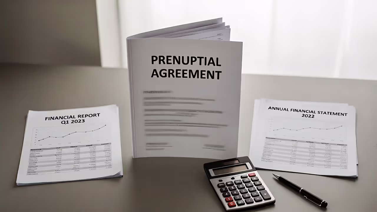 Financial reports and prenuptial agreement illustrating debt separation between spouses