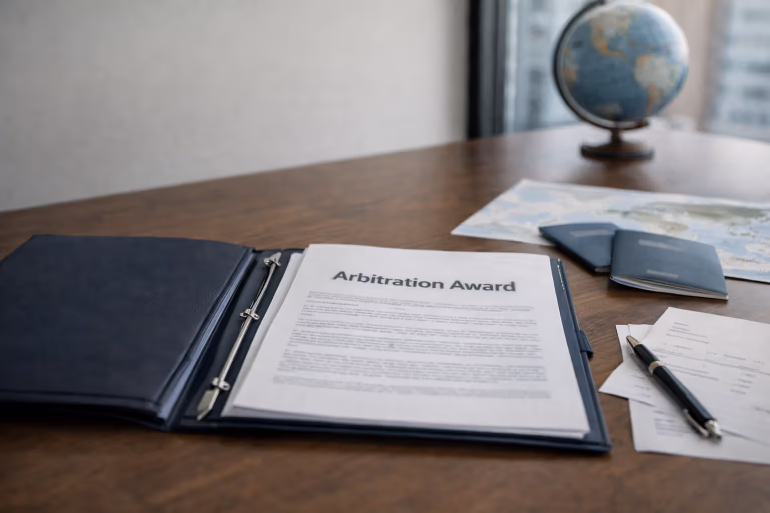 Arbitration award documents with travel items suggesting cross-border enforcement, all text blurred.