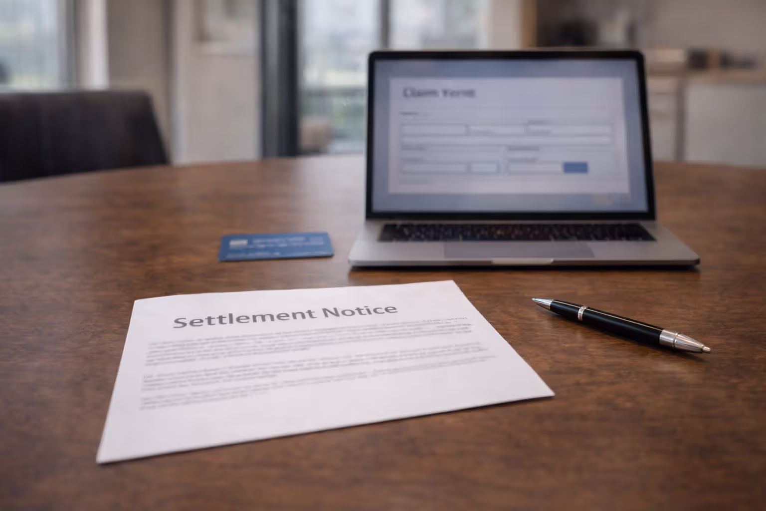 Person reviewing blurred settlement notice next to laptop with online claim form