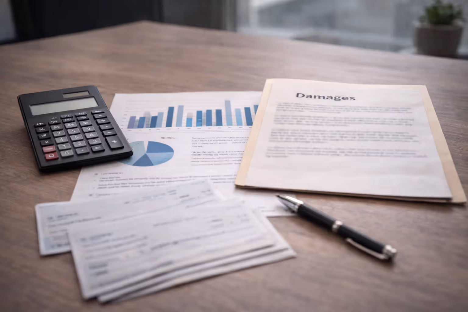 Calculator and damages document on desk representing financial compensation calculation