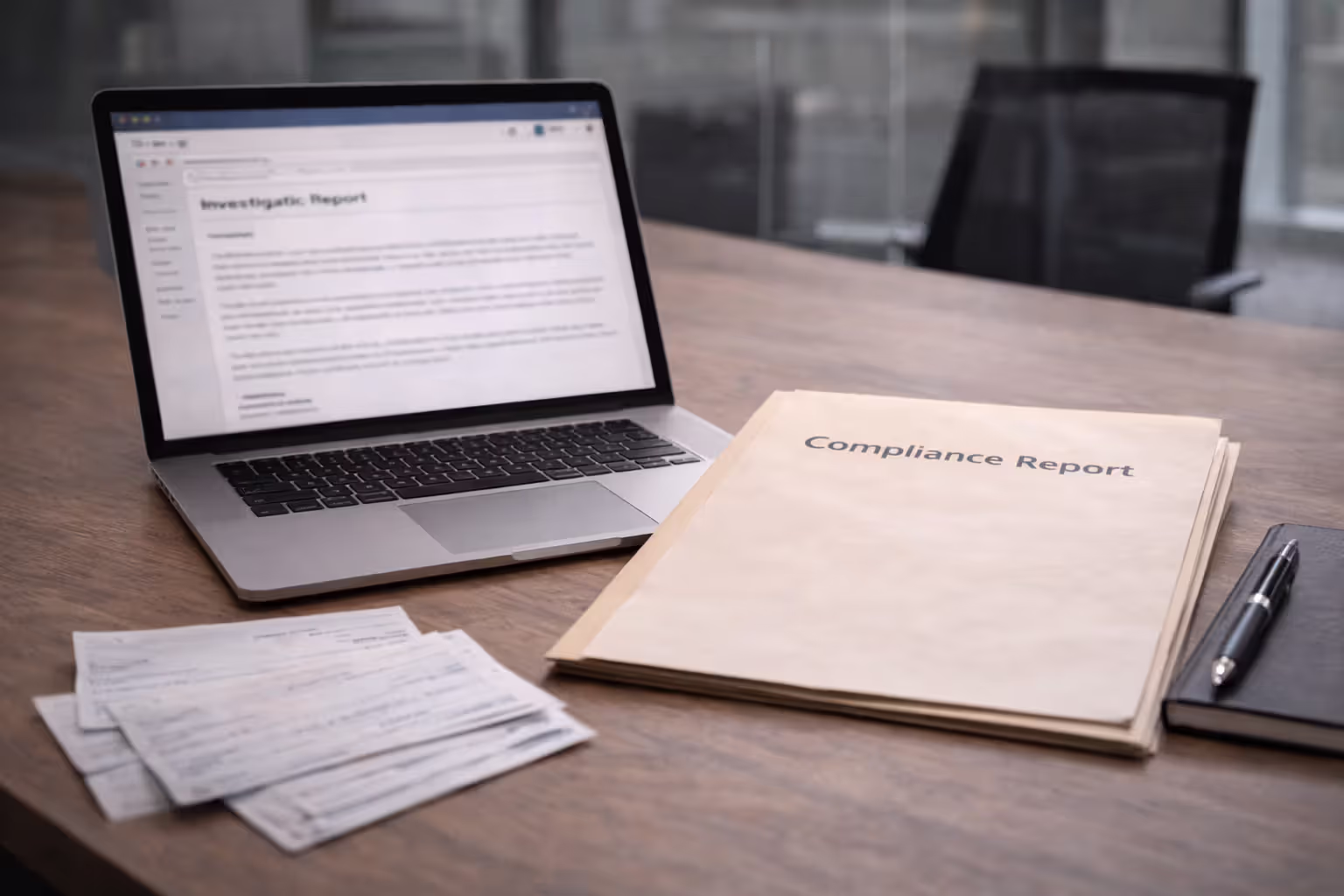 Laptop with compliance report and legal documents on office desk
