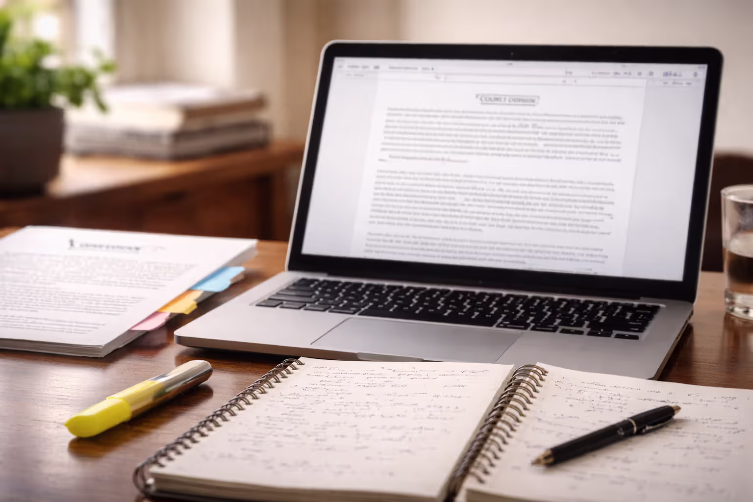 Laptop showing a blurred court opinion with notes and highlighting tools for case analysis