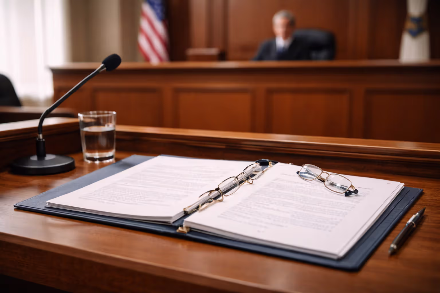 Courtroom scene with expert witness stand and blurred legal documents