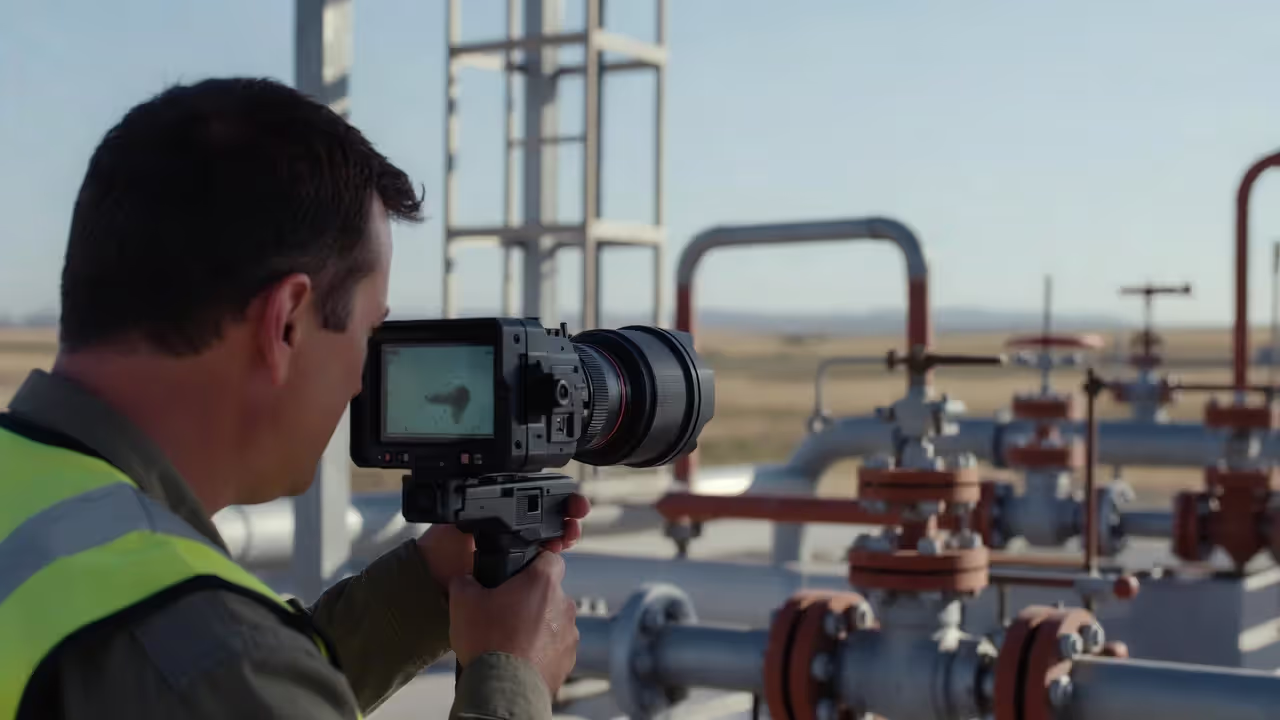 Realistic 16:9 photo at an oil and gas site; technician using an optical gas imaging camera aimed at valves and piping; subtle heat-like visualization on camera screen but blurred and unreadable; open landscape; neutral tones; no company marks.
