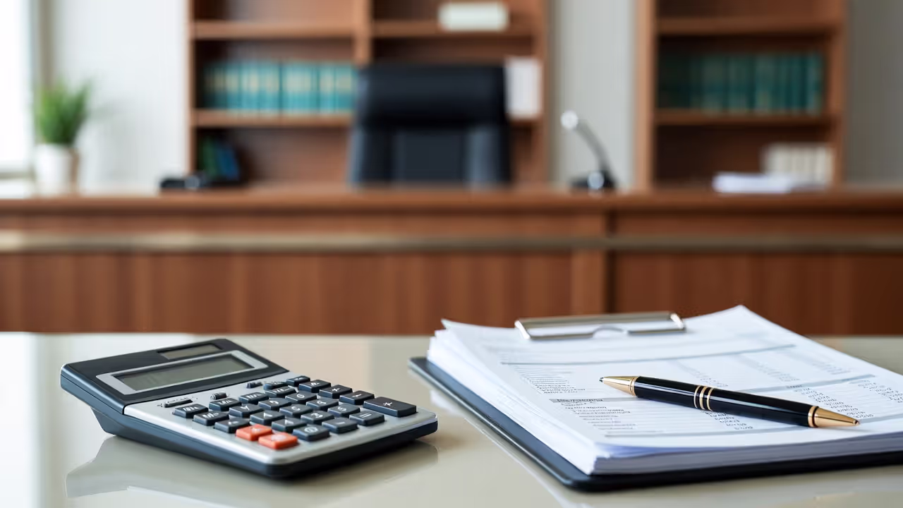 Legal desk with calculator and financial documents representing patent damages calculation