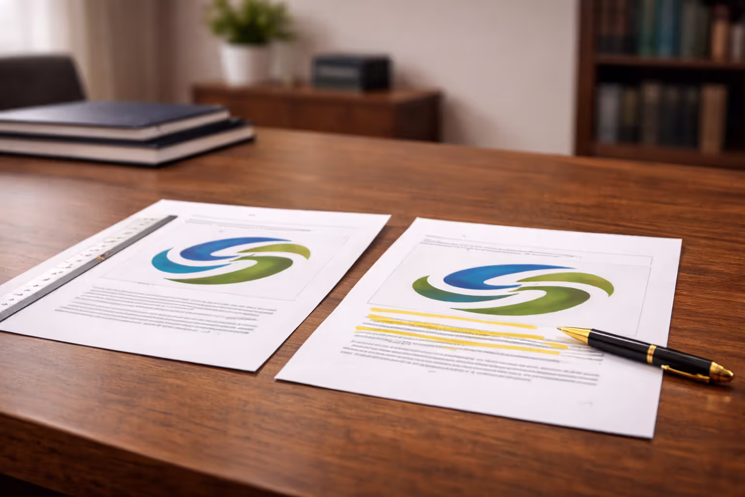 Printed logo designs placed side by side on a lawyer’s desk with highlighting marks, showing visual comparison.