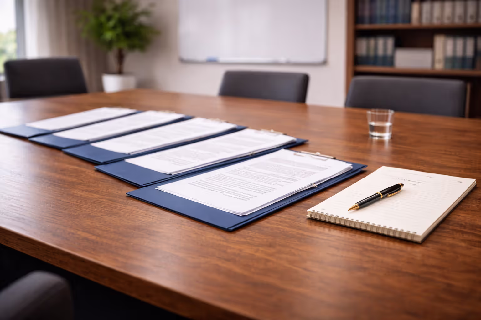 Multiple identical legal folders spread across a conference table, symbolizing numerous plaintiffs in a class action.