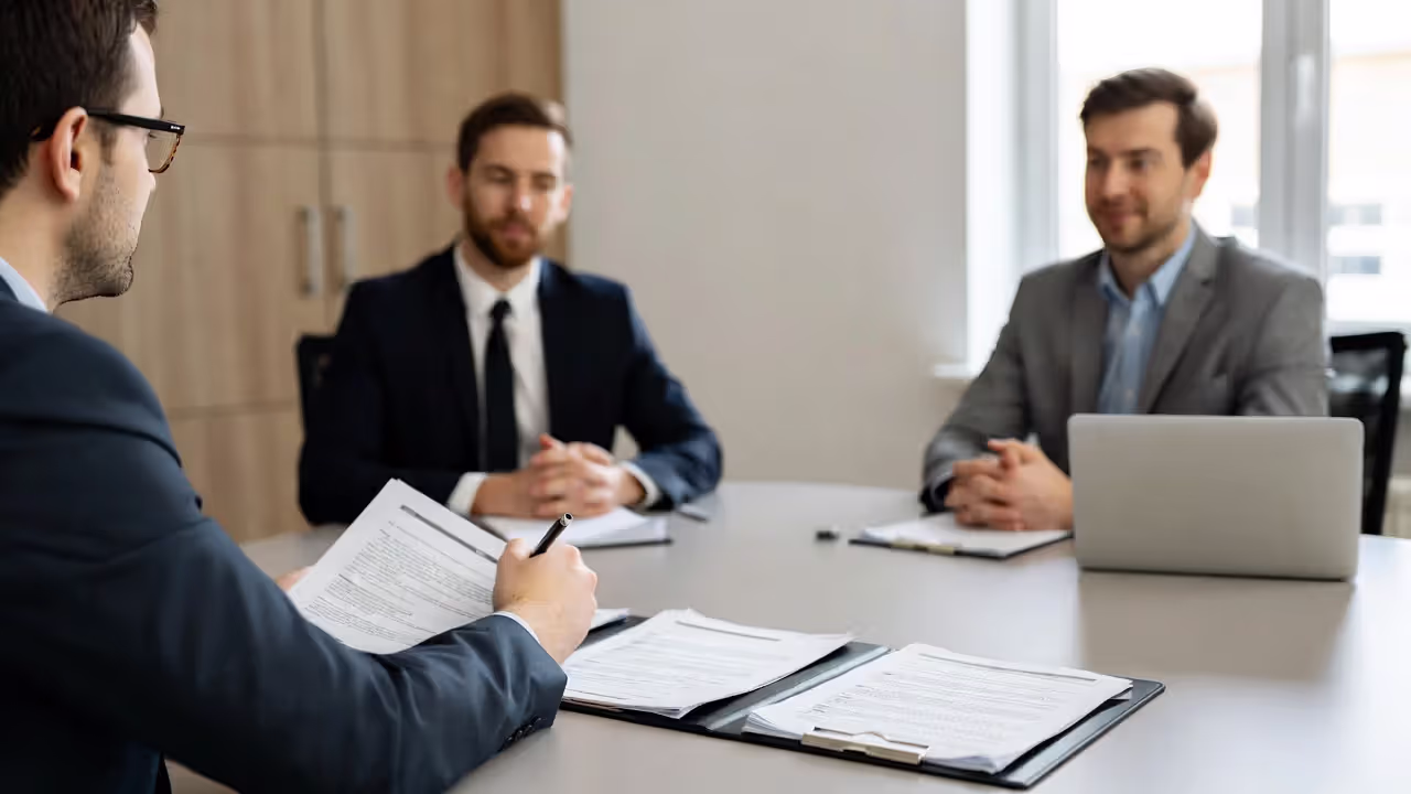 Individual meeting with attorneys in a conference room, discussing representation in a class action case.