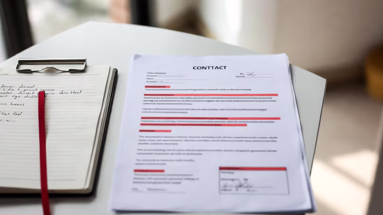 Contract with sections marked in red pen, highlighting potential red flags in review.