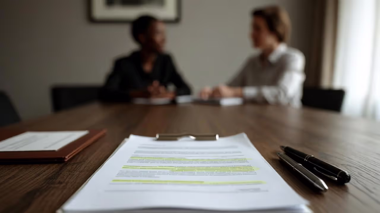Contract on table during meeting, representing work-for-hire agreement discussion.