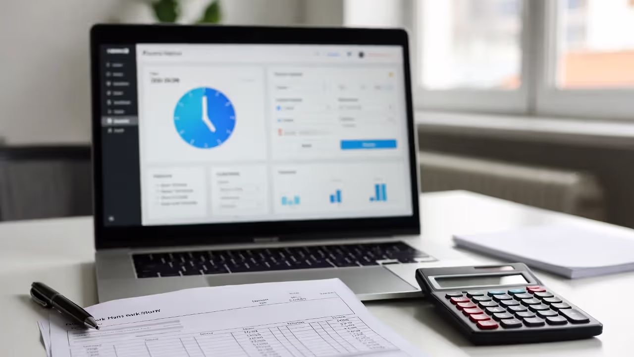 Laptop with time tracking screen and printed timesheets on a desk
