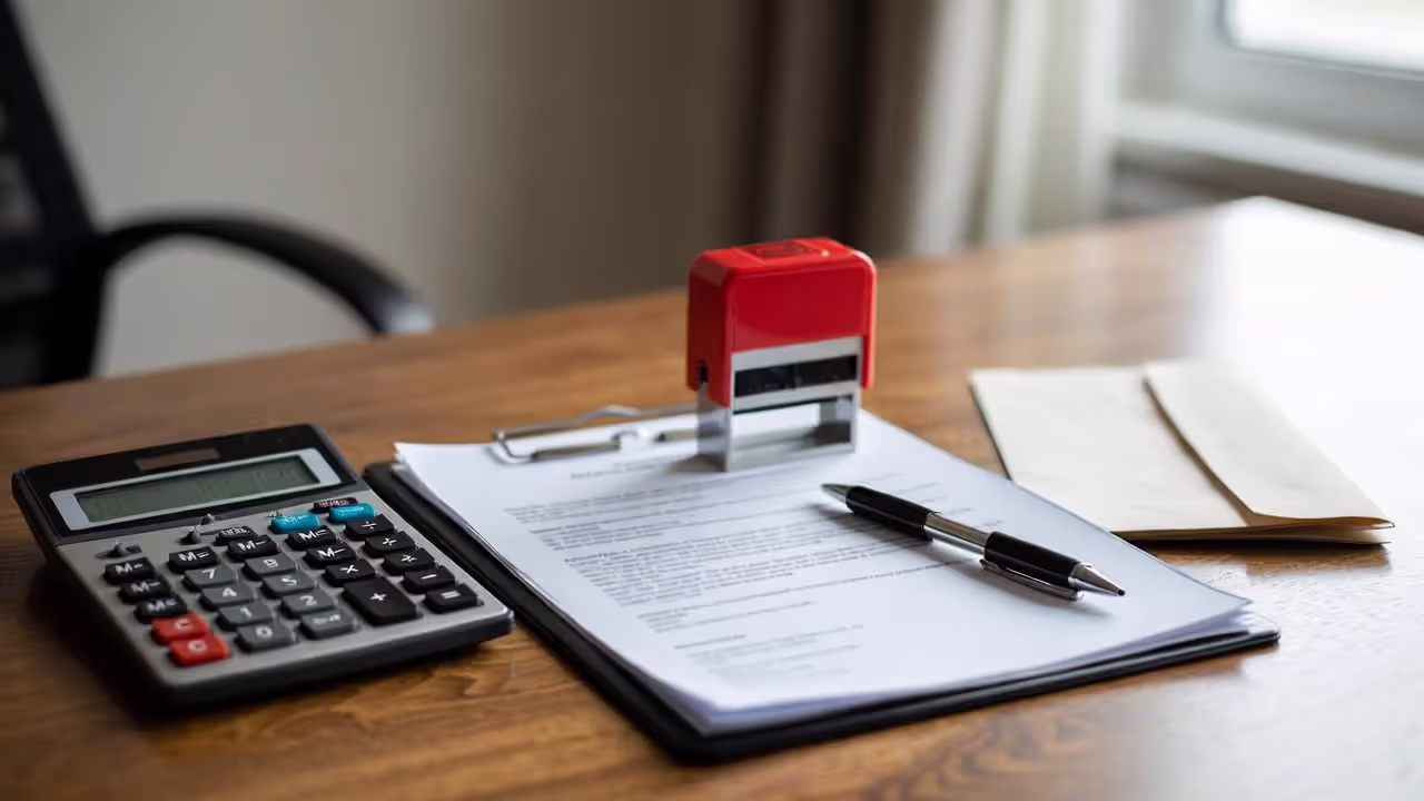 Court judgment document with stamp on desk next to calculator and envelope