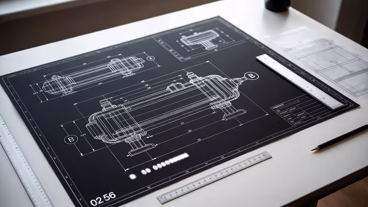Technical patent drawings and drafting tools on a desk