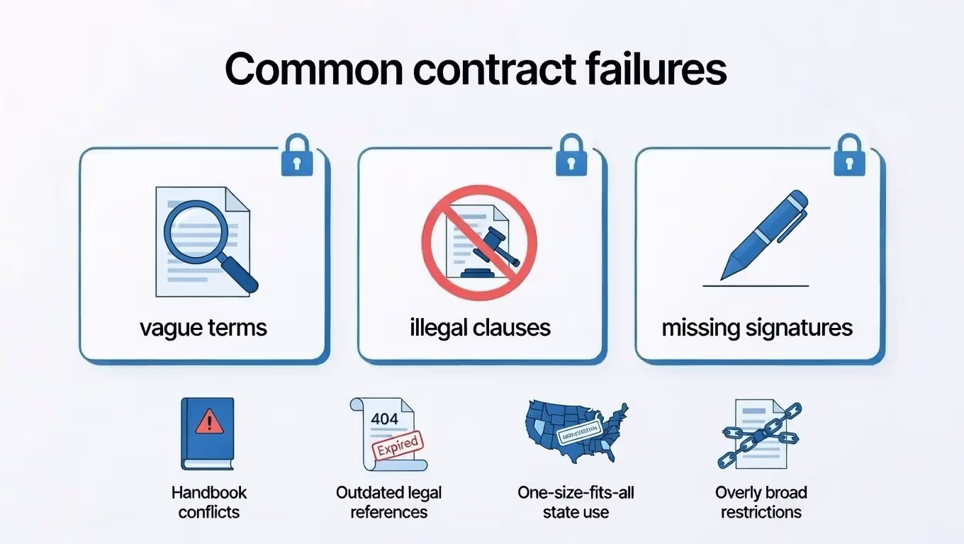 Infographic listing common mistakes that can invalidate employment contracts