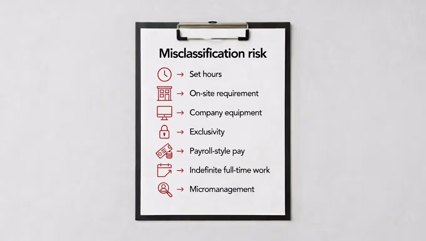 Infographic listing misclassification red flags like set hours and company equipment