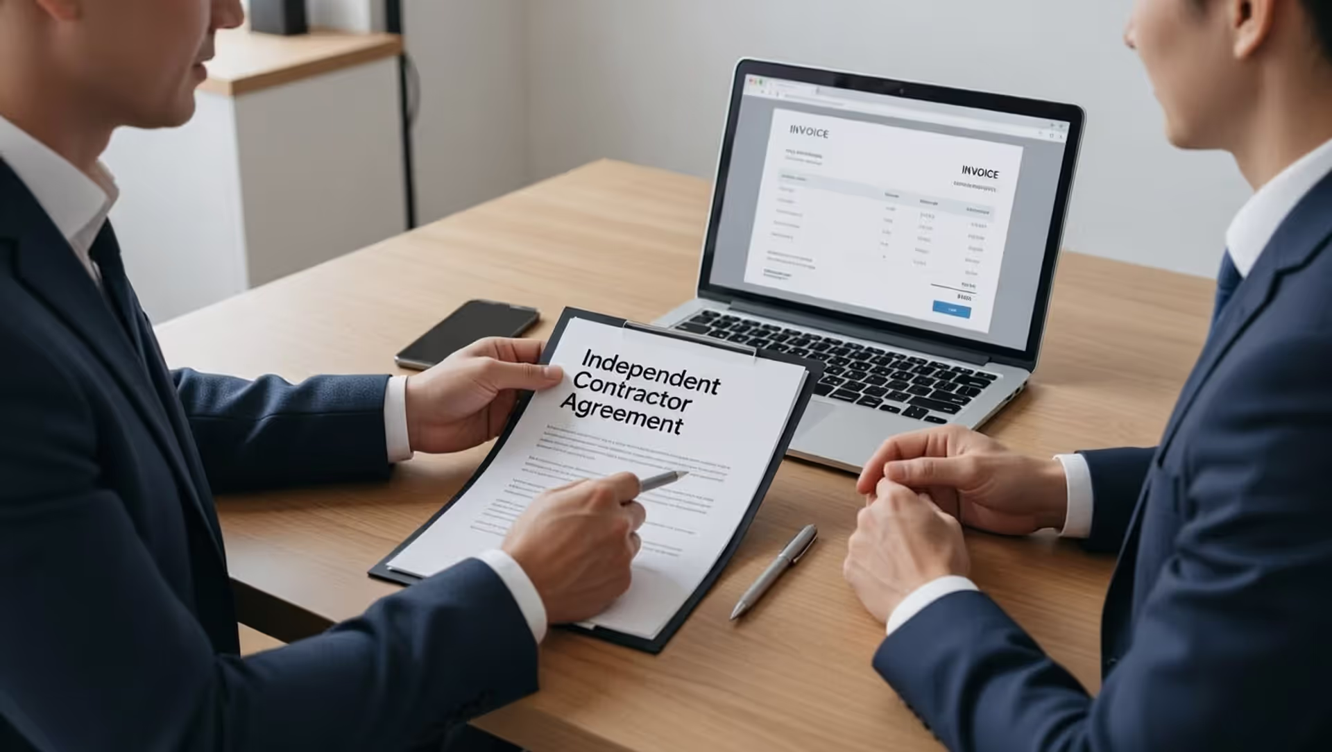 Business owner and contractor reviewing an independent contractor agreement at a table