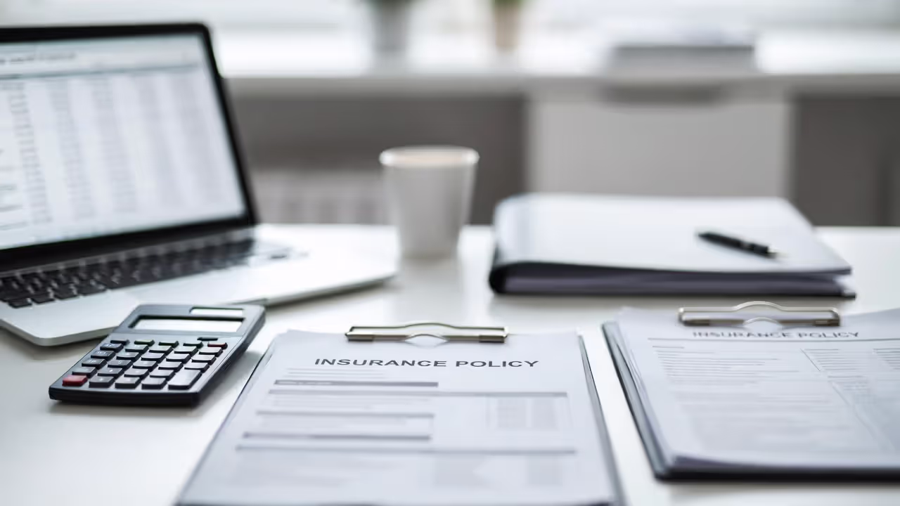 Insurance policy documents and calculator representing liability coverage planning