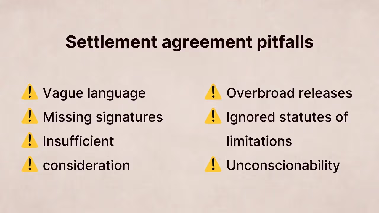 Infographic listing common mistakes that can invalidate settlement agreements