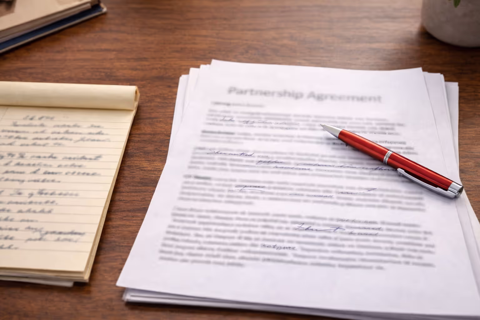 Partnership agreement document with handwritten corrections highlighting drafting errors