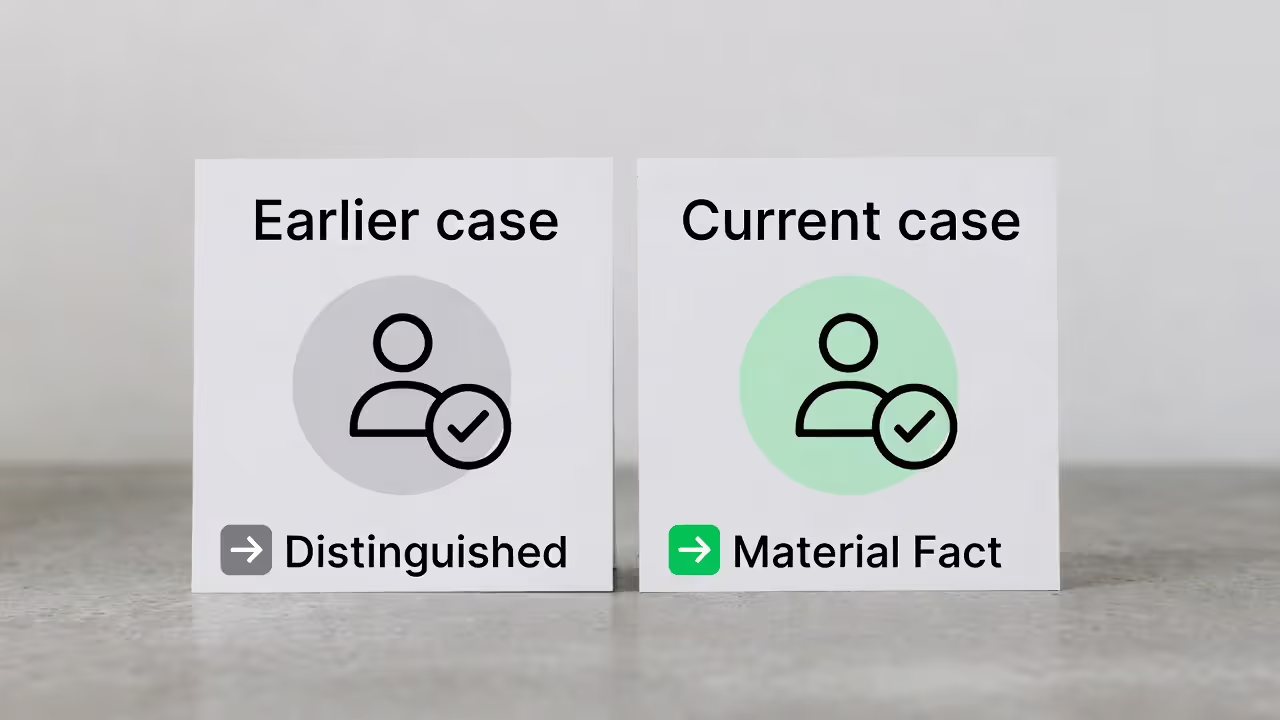Graphic showing a case being distinguished due to a different material fact.