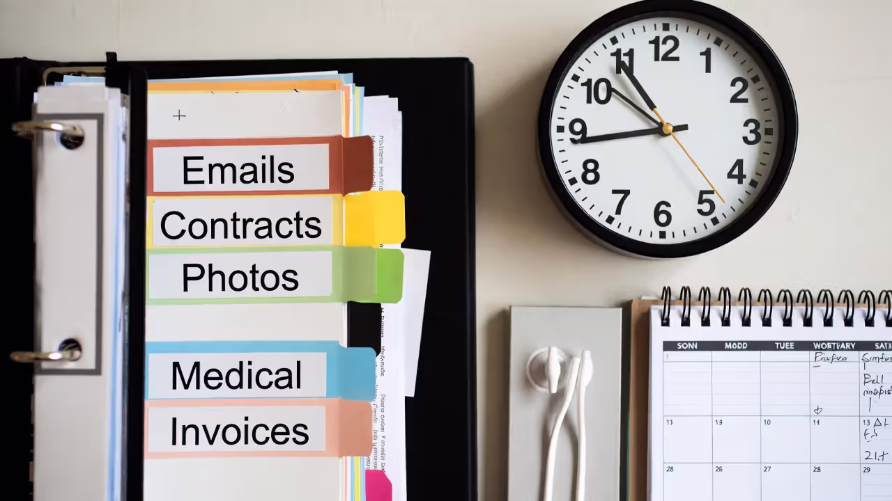 Organized evidence binder with labeled sections and a calendar highlighting time sensitivity.