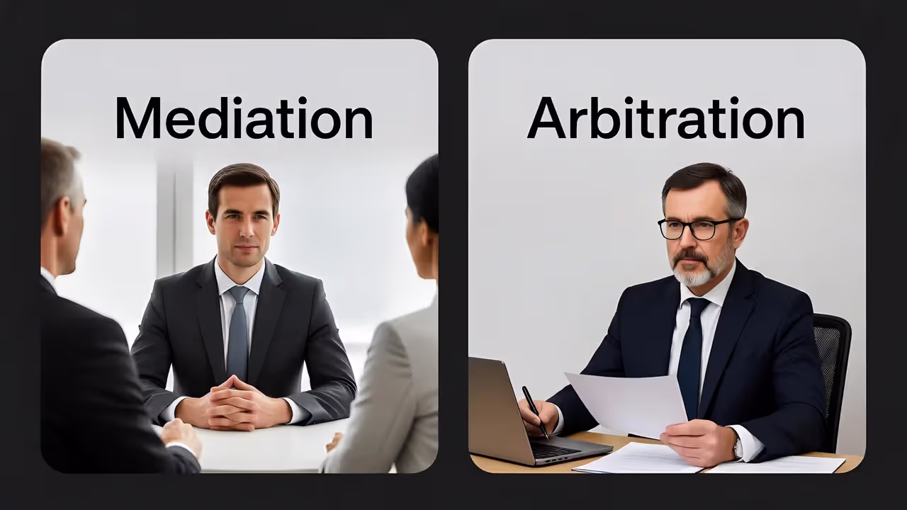 Side-by-side graphic comparing mediation and arbitration settings.