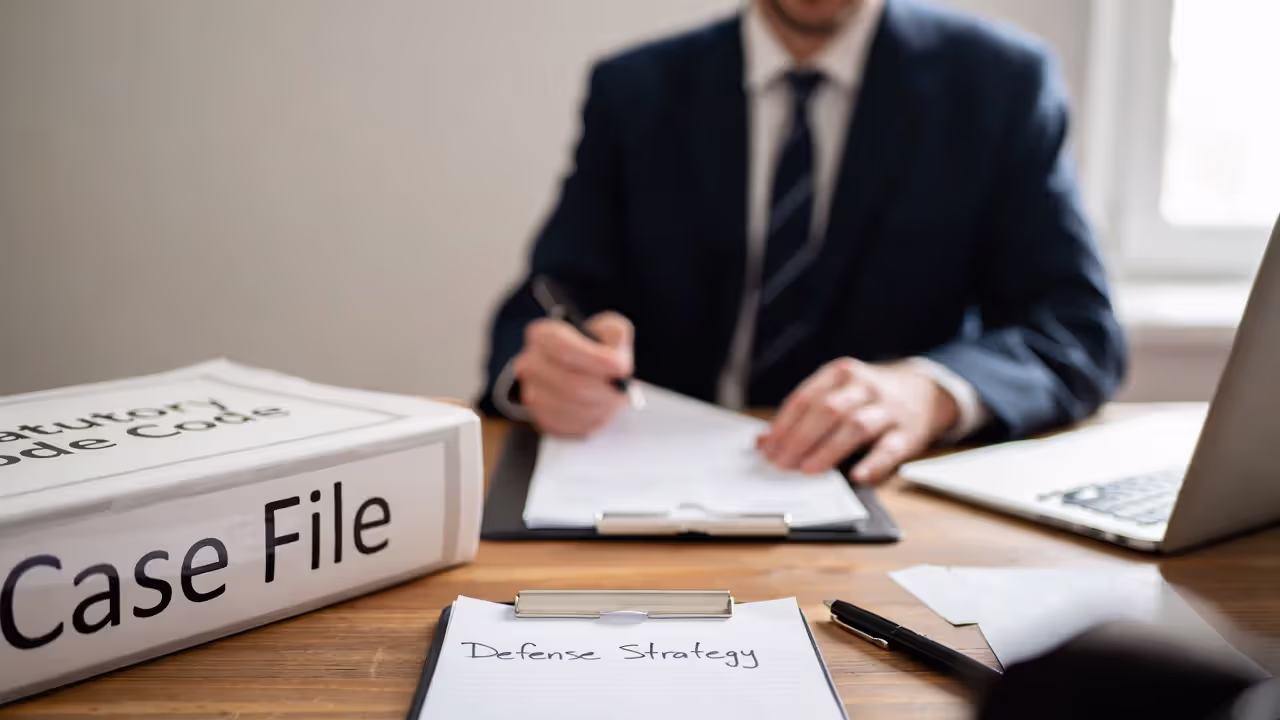 Lawyer’s desk with a case file folder and notes labeled “Defense Strategy.”