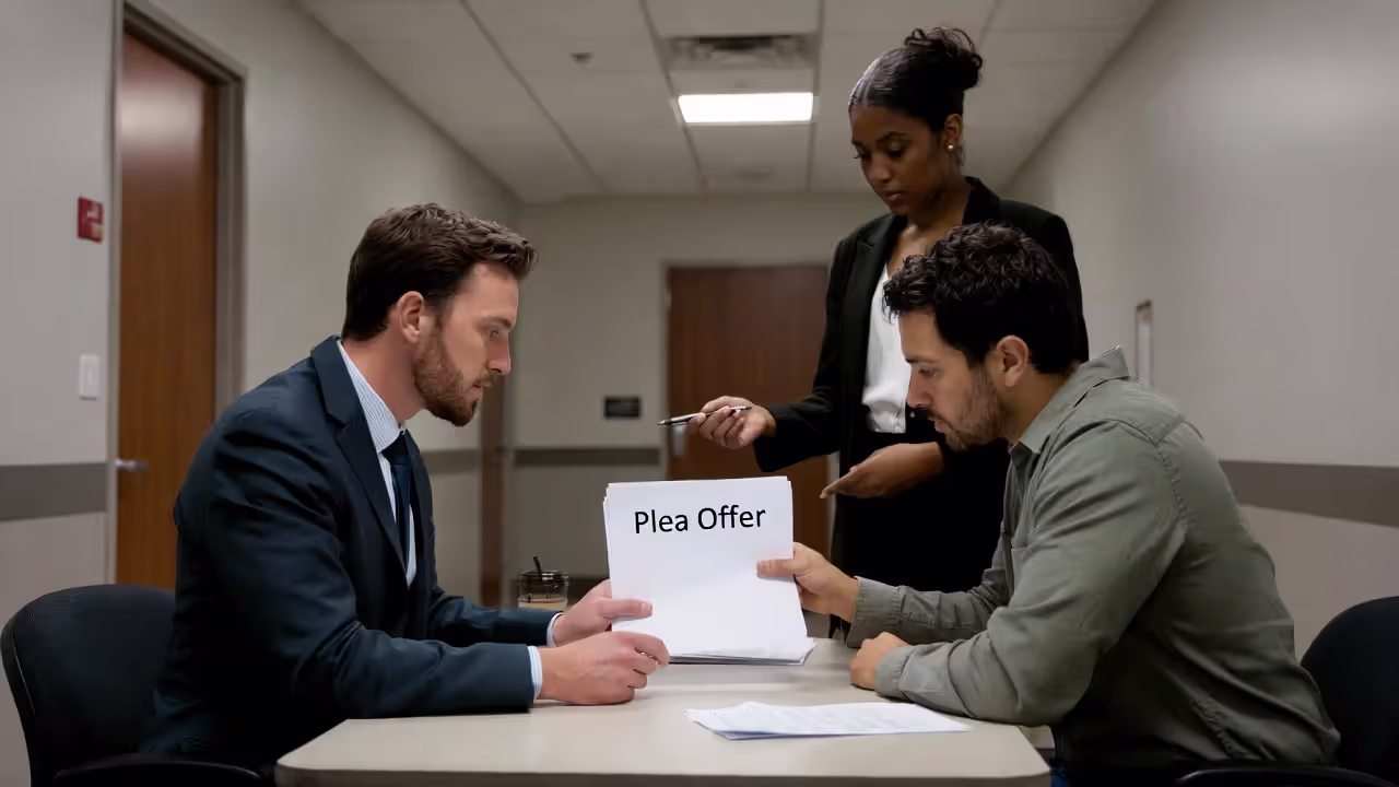 Attorney reviewing a plea offer document with a defendant.