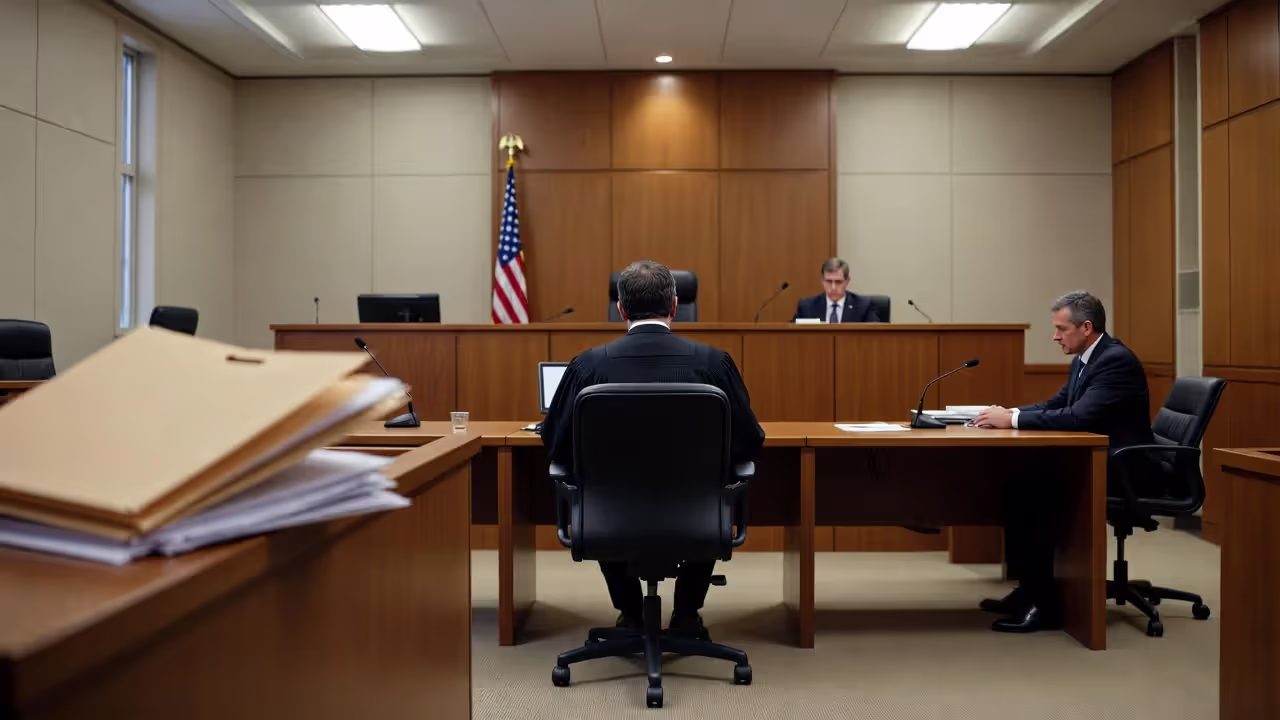 Courtroom scene with judge and attorneys during civil trial hearing