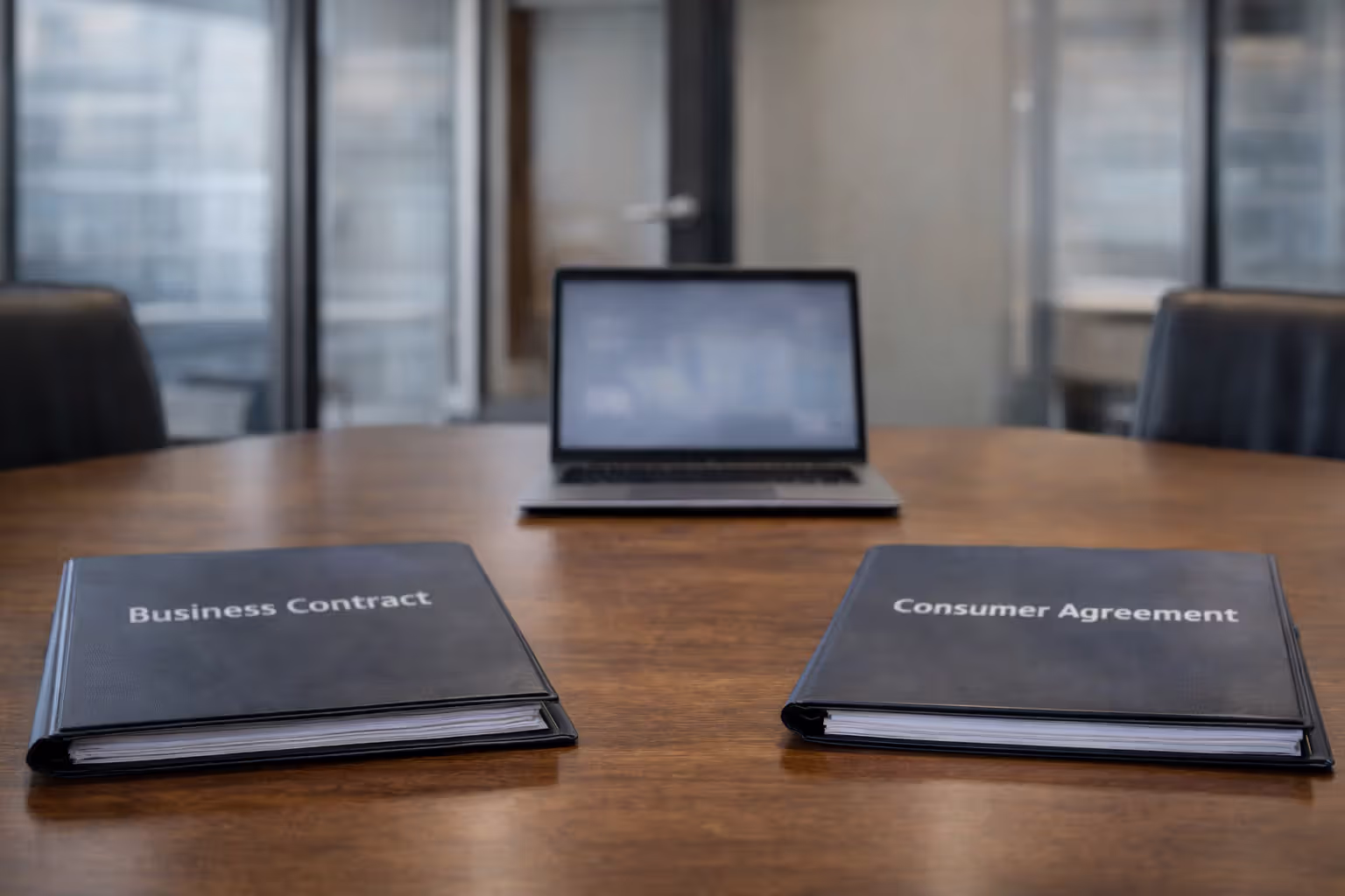 Business and consumer contract folders on a conference table in a modern office
