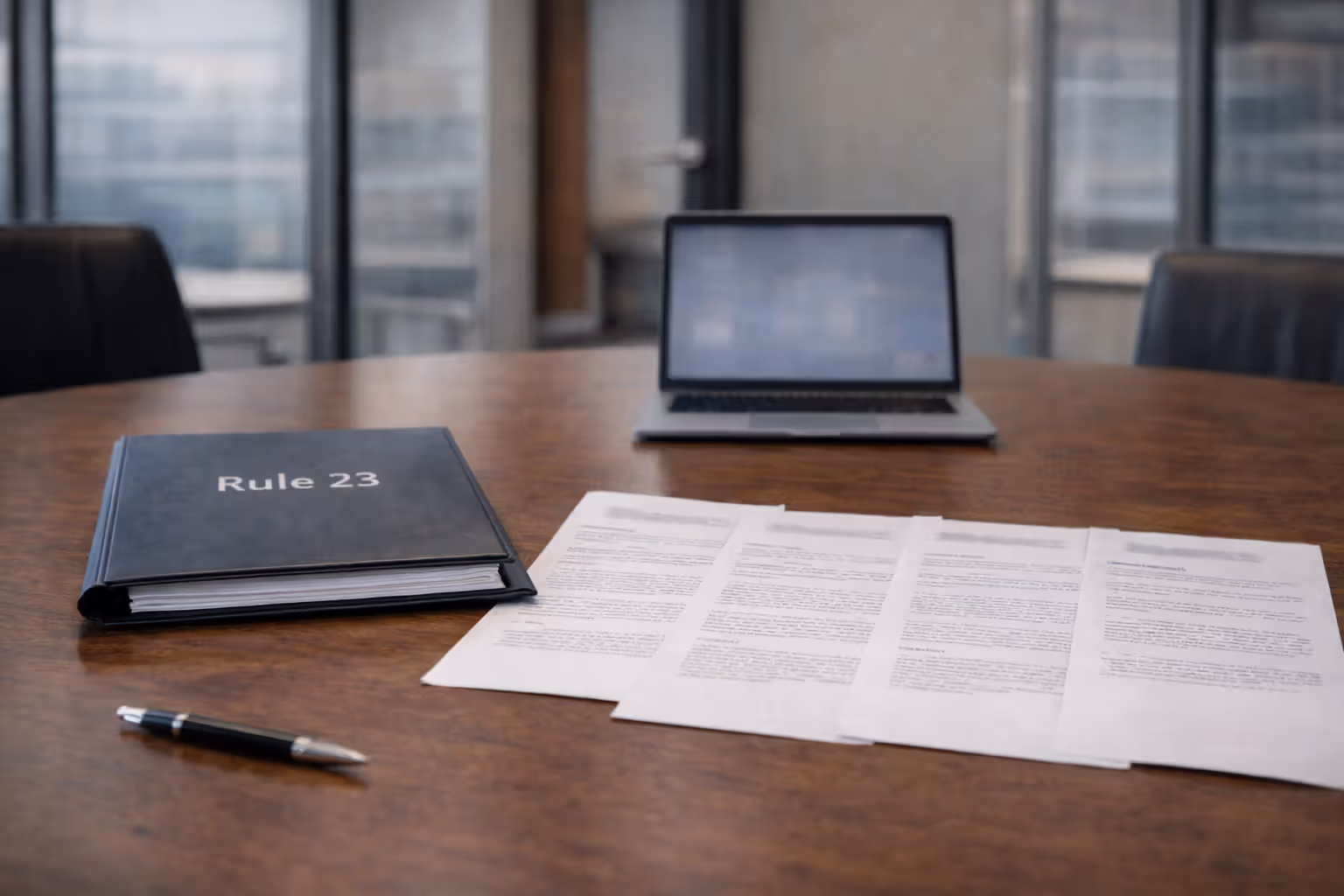 Blurred “Rule 23” folder with four requirement documents on conference table
