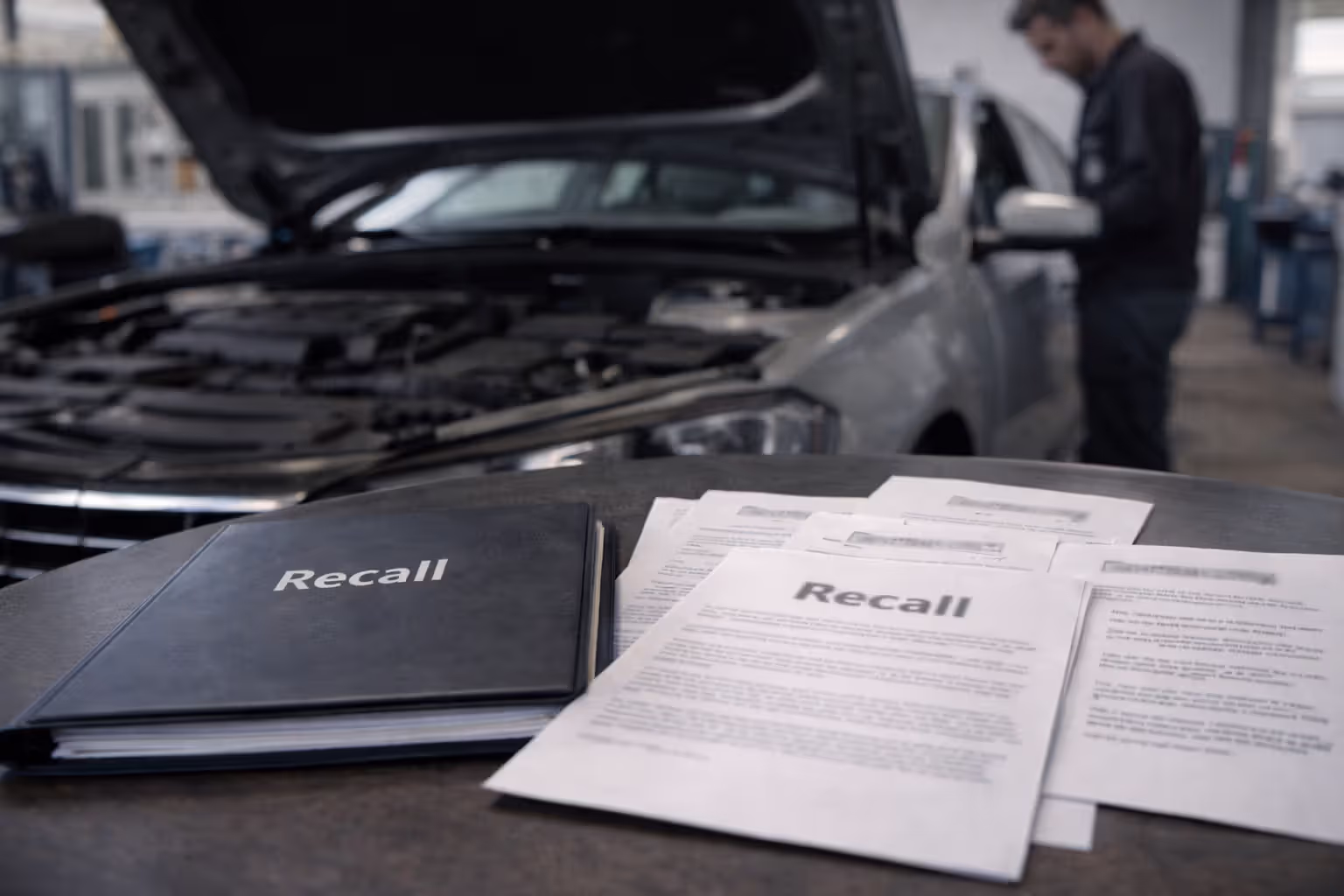 Car with open hood next to blurred recall notice documents in service area