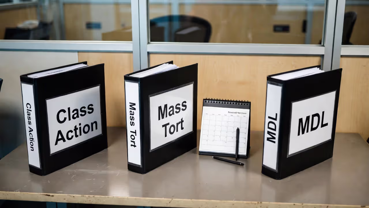 Three blurred folders labeled class action, mass tort, and MDL on office desk