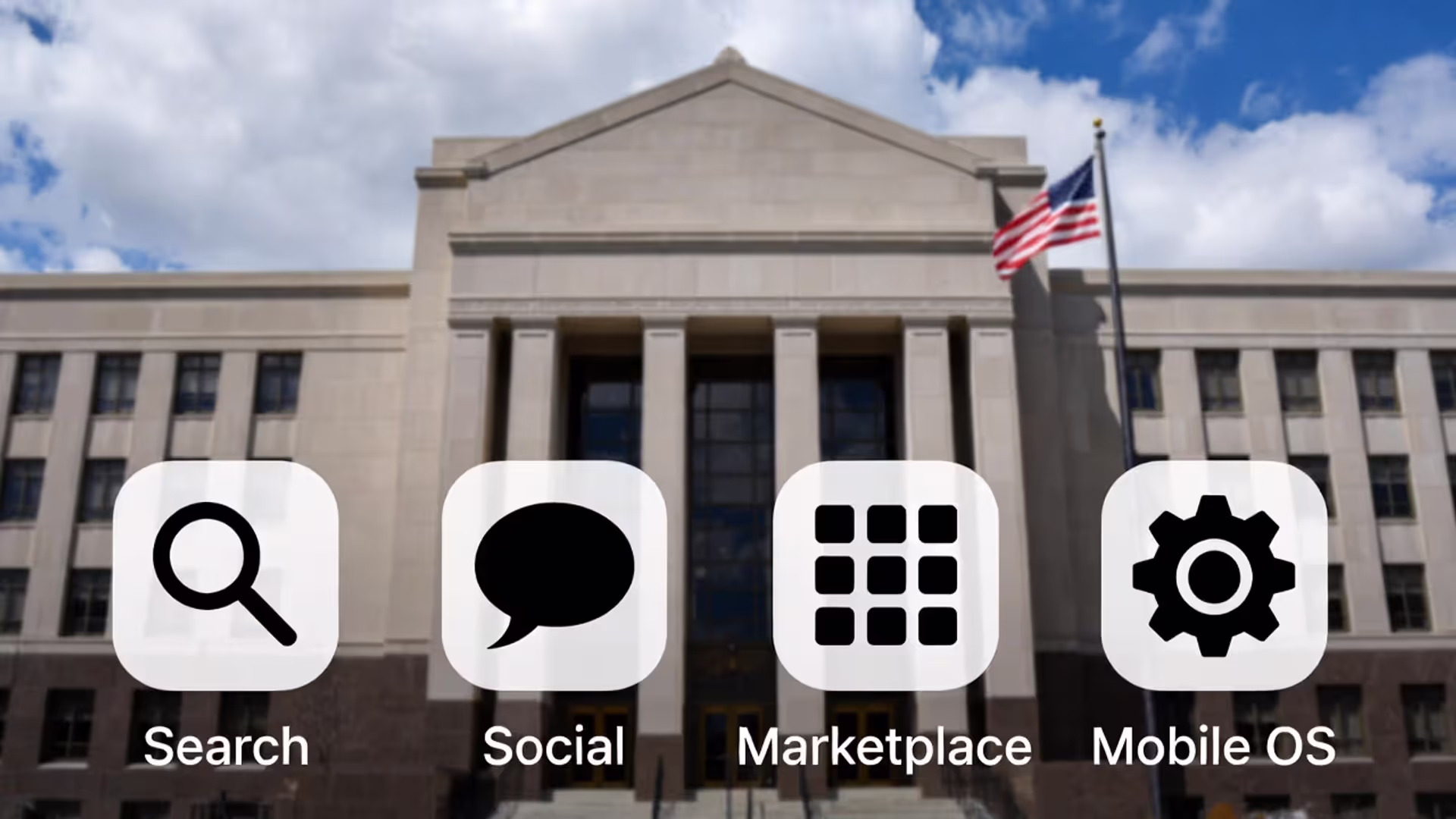 Courthouse building with four generic icons labeled Search, Social, Marketplace, and Mobile OS.