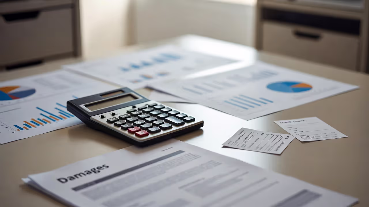 Calculator and documents labeled damages used to calculate defamation losses