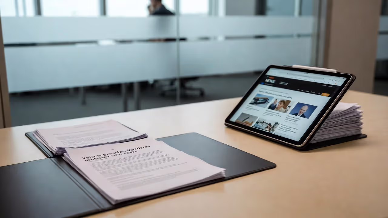 Conference table with vehicle emission standards folder and tablet
