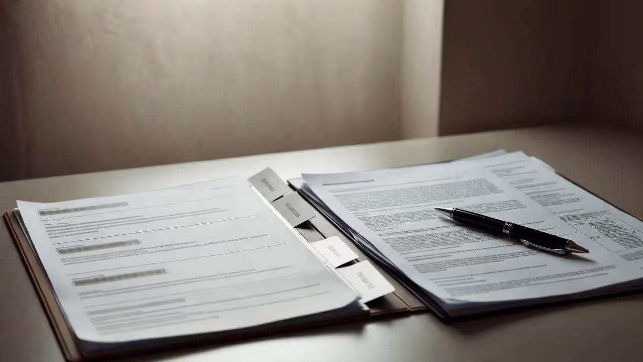 Open legal folder with three tabbed sections and a blurred court opinion on a desk