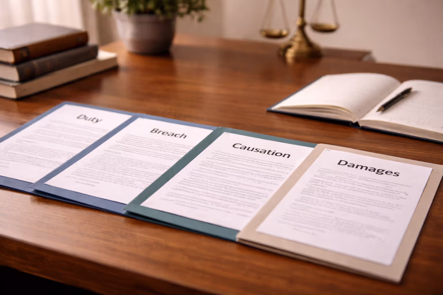 Legal documents representing duty, breach, causation, and damages on a desk
