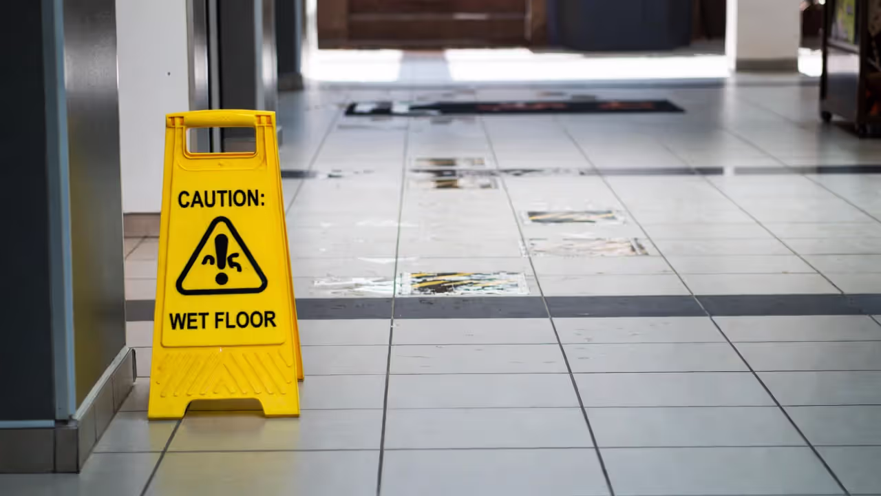 Wet floor in commercial building with caution sign indicating slip hazard