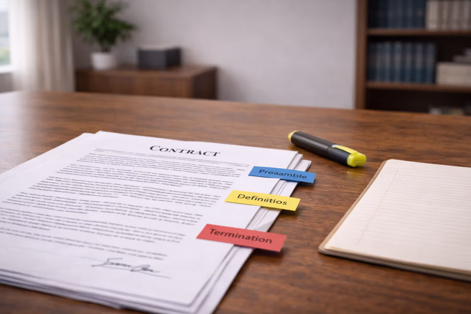 Contract document marked with tabs separating sections, illustrating contract structure review.