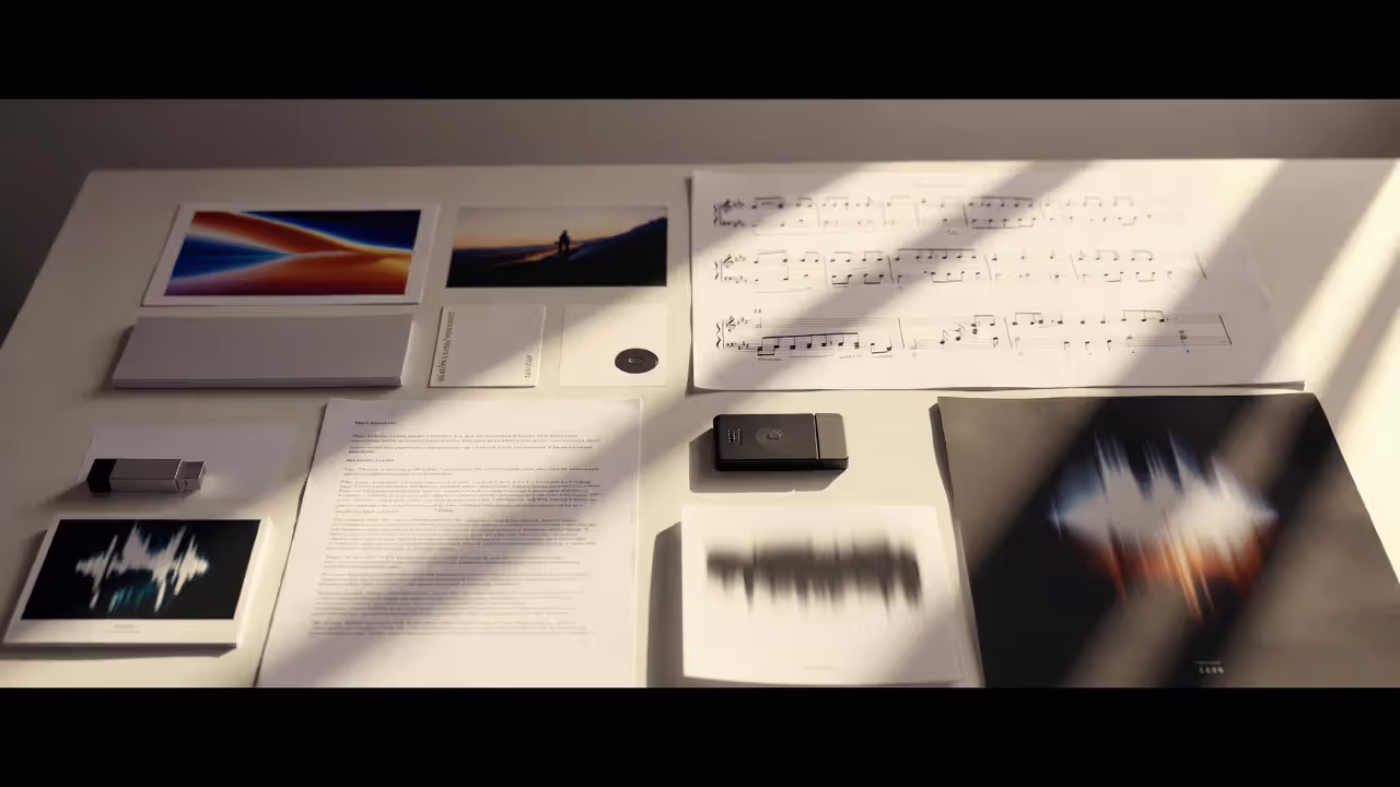 Printed manuscript, sheet music, and digital storage device on desk illustrating different types of protected works.