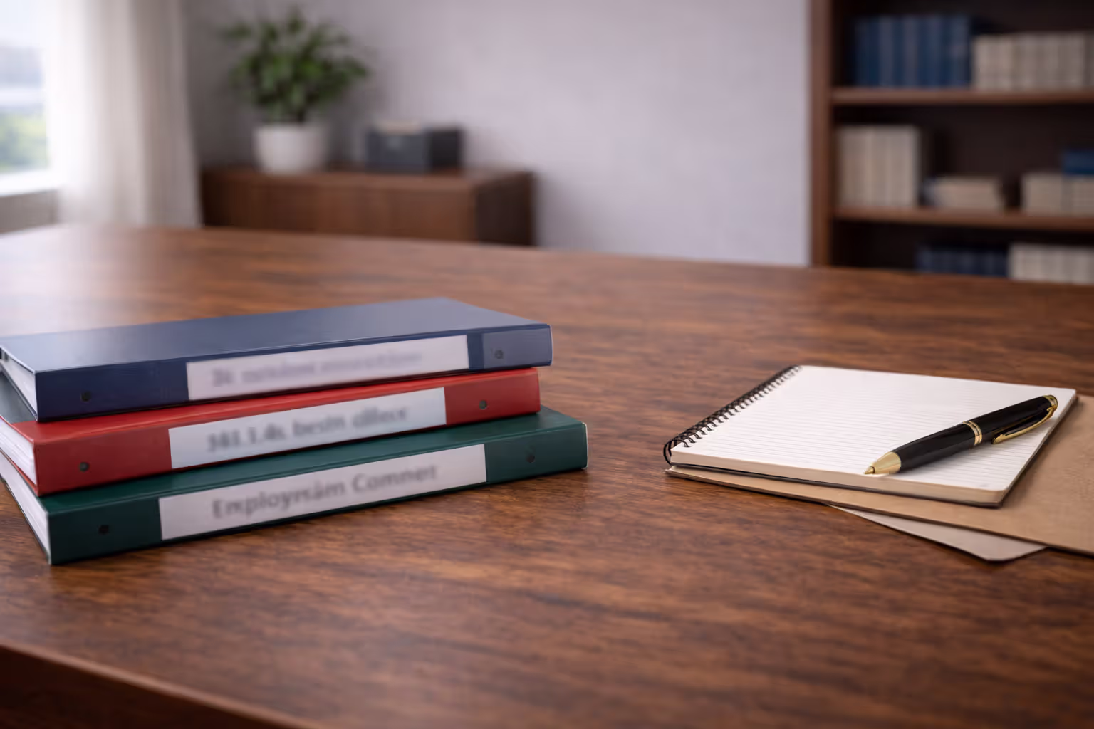 Folders representing federal employment laws arranged on a desk in an office