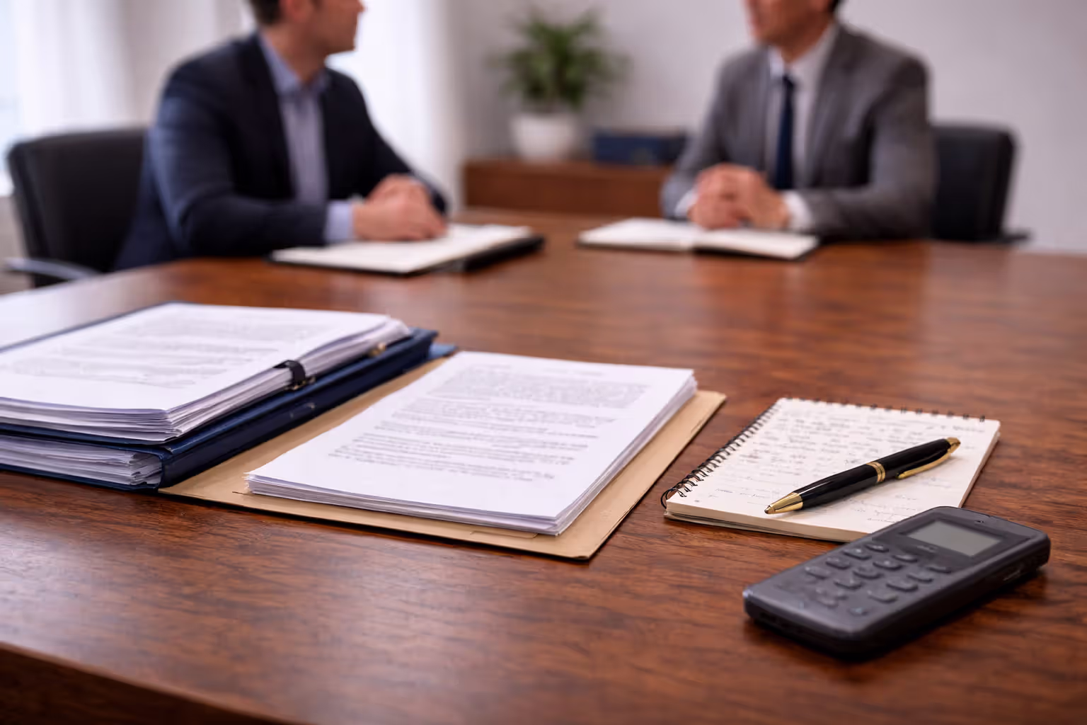 Meeting table with legal documents and recording device during discovery discussion